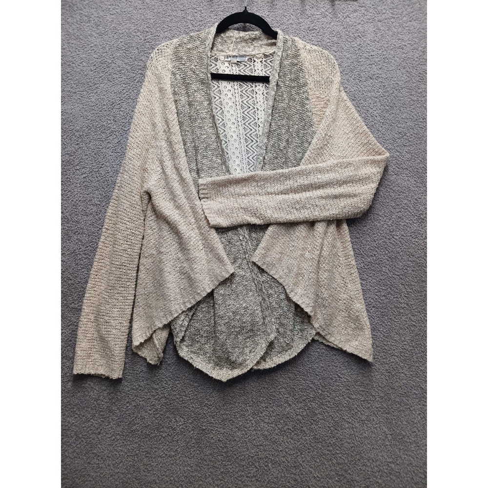 Jolt Waterfall Cardigan Women L Cream Lace Back Boho Open Front Layered Boho